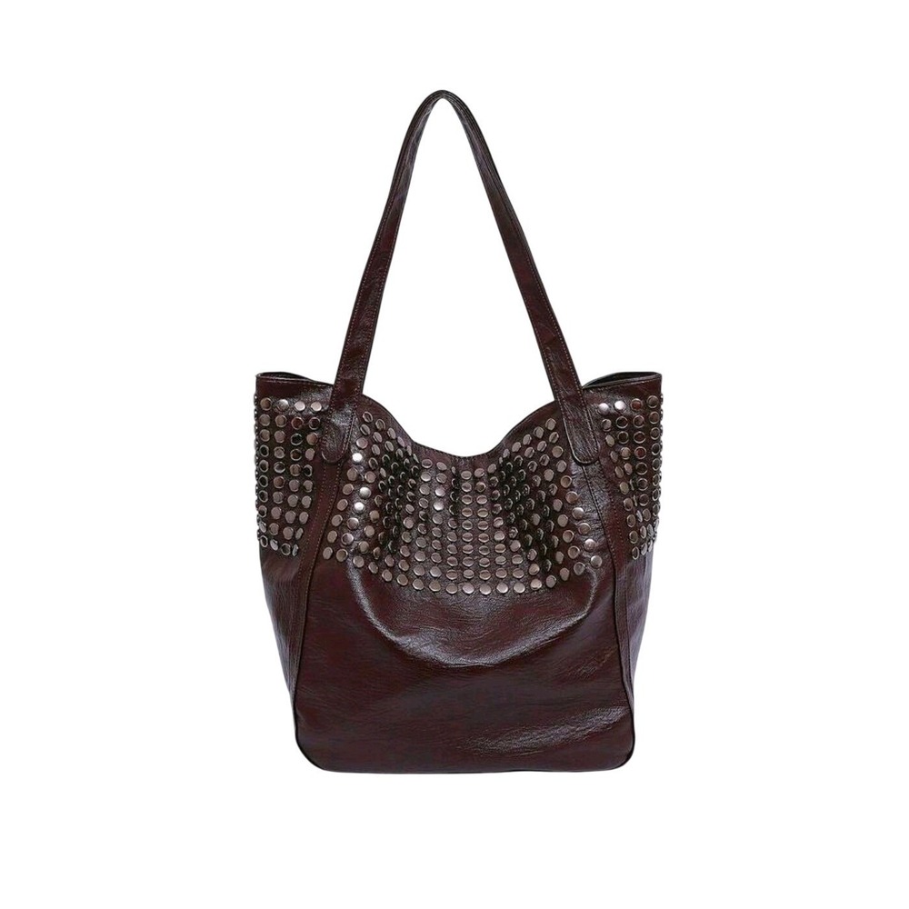 Chic Studded Tote Bag Dark Brown faux Leather Shoulder Bag Everyday Carryall